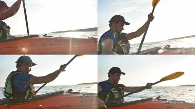 SLO MO男皮划艇运动员在阳光下划桨