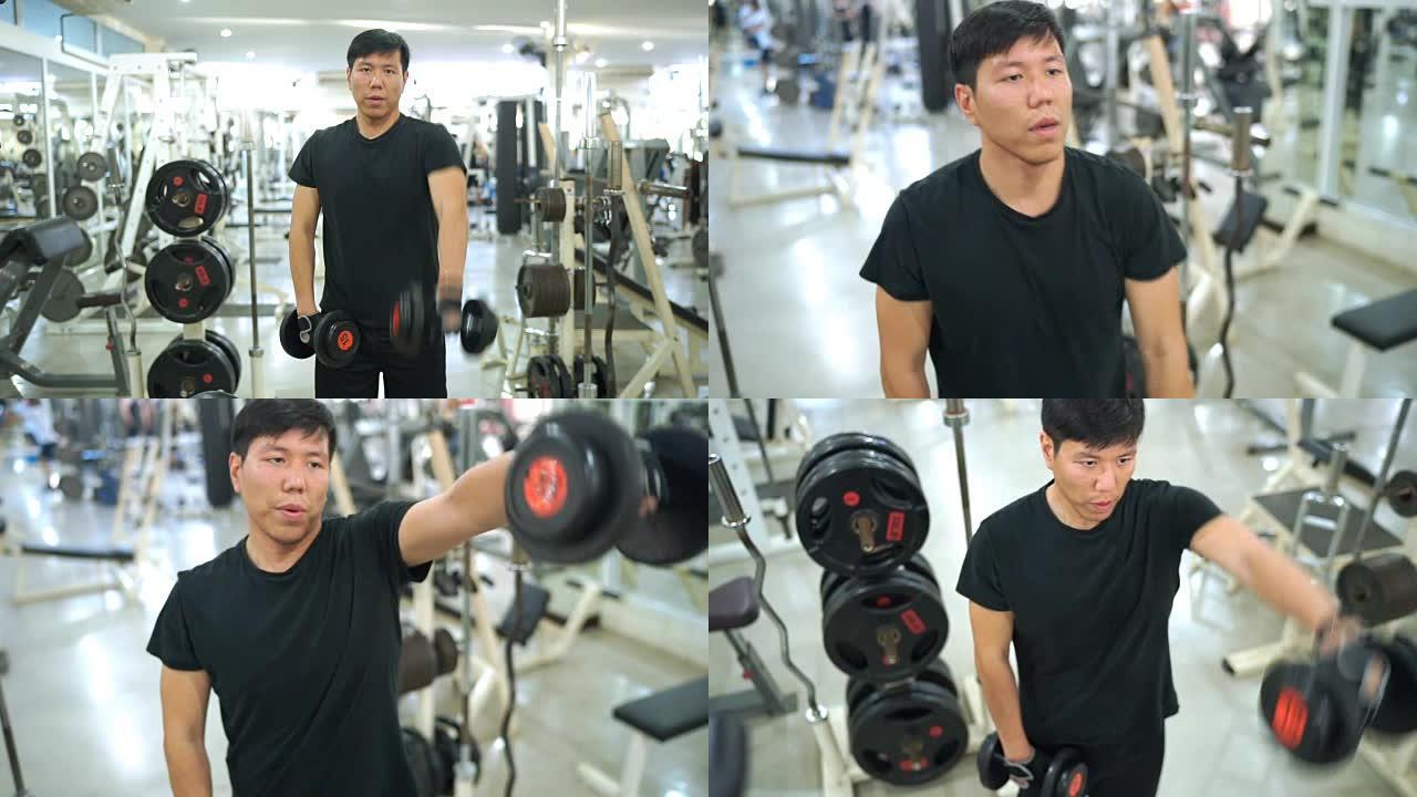 亚洲男子在健身房锻炼的3张照片