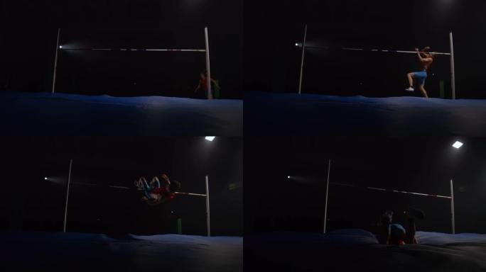 慢动作: 男性运动员在聚光灯下的黑暗背景上跳高