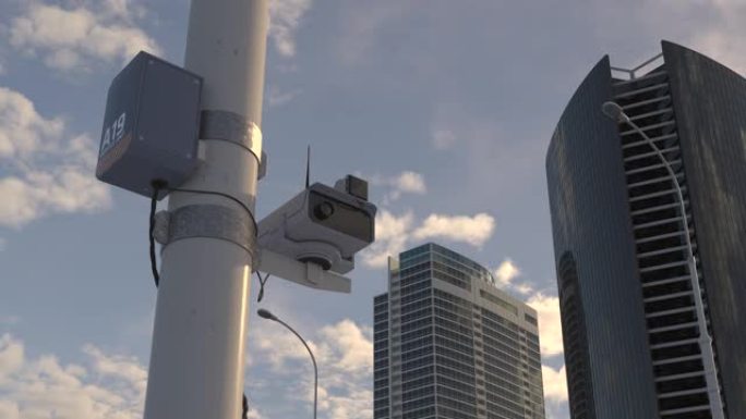 日落或黎明时的城市交通摄像机，24小时监控，监控