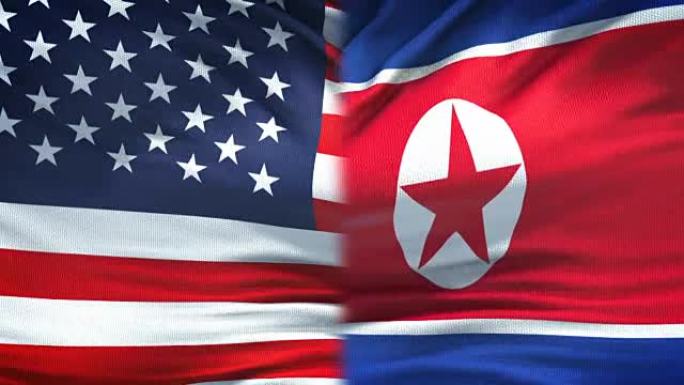 美国和朝鲜旗帜背景，外交和经济关系