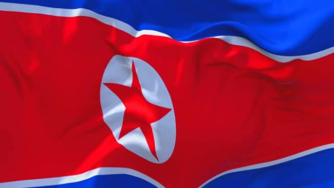 朝鲜国旗迎风飘扬的慢动作动画。4K逼真的织物纹理旗帜平稳吹在一个刮风的日子连续无缝循环背景。