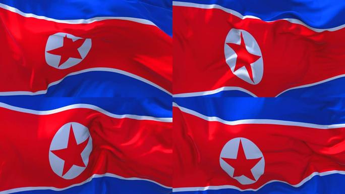 朝鲜国旗迎风飘扬的慢动作动画。4K逼真的织物纹理旗帜平稳吹在一个刮风的日子连续无缝循环背景。