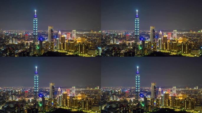 台湾台北市商业区夜间的Hyperlapse或Dronelapse鸟瞰图