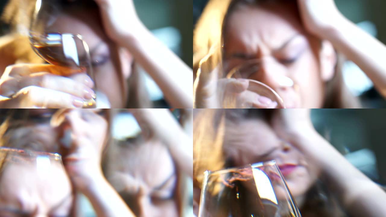 醉酒的女人喝一杯廉价白兰地，酒精对健康，成瘾的影响
