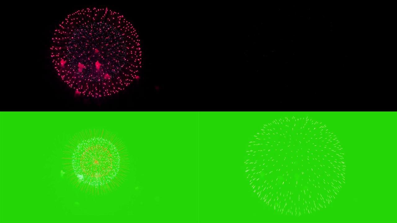 多色烟花爆炸显示天空夜晚动画阿尔法绿屏。