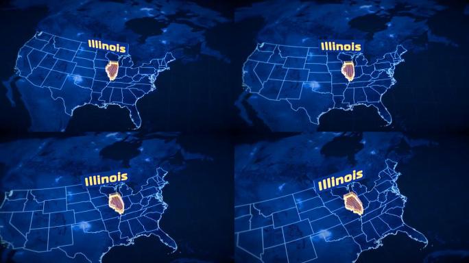 美国伊利诺伊州边界3D可视化，现代地图轮廓，旅行