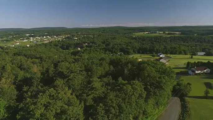 宾夕法尼亚州门罗县波科诺斯的风景鸟瞰图。阳光明媚的夏日早晨。田野和森林上空的昆克莱敦全景。