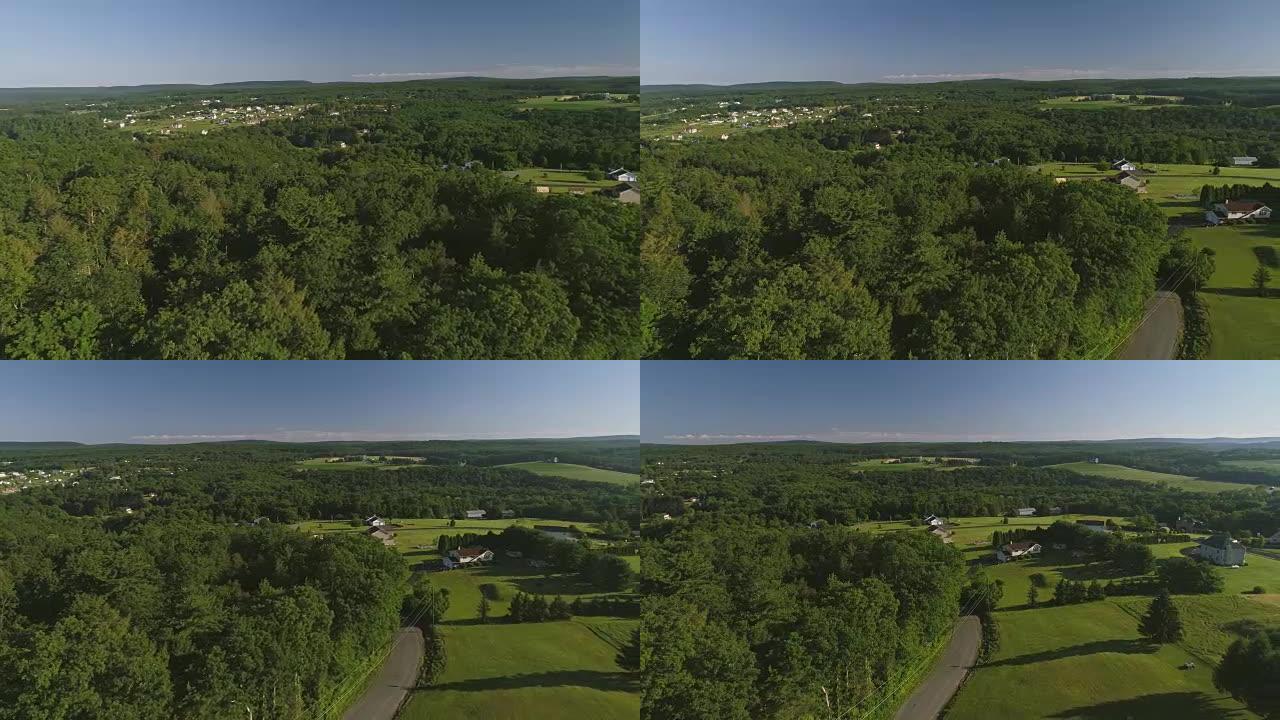 宾夕法尼亚州门罗县波科诺斯的风景鸟瞰图。阳光明媚的夏日早晨。田野和森林上空的昆克莱敦全景。