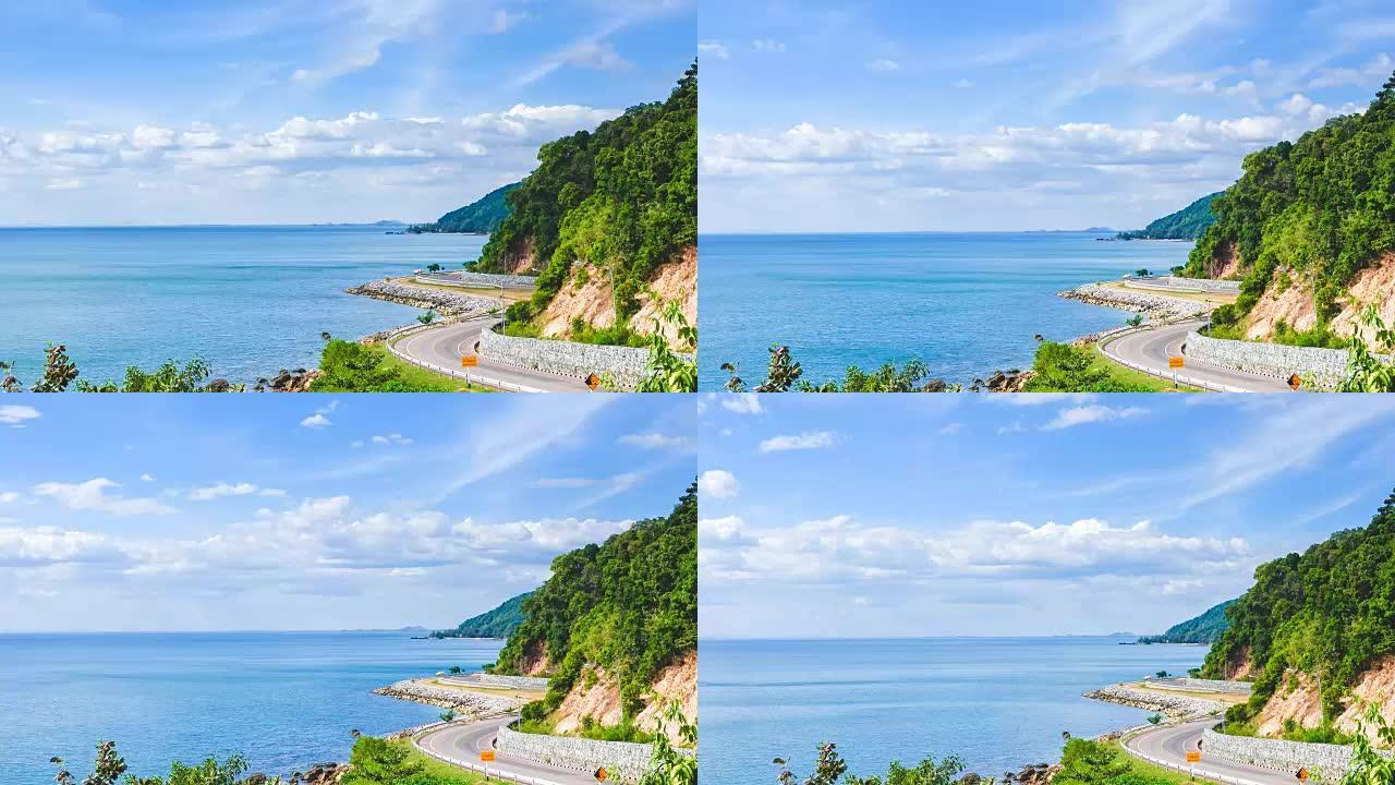 时间流逝: 通往海滩的美丽之路，泰国Chanthaburi的沿海路。