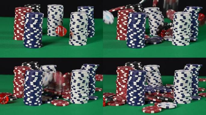 骰子落在扑克筹码堆上，赌博，金钱输赢，慢动作