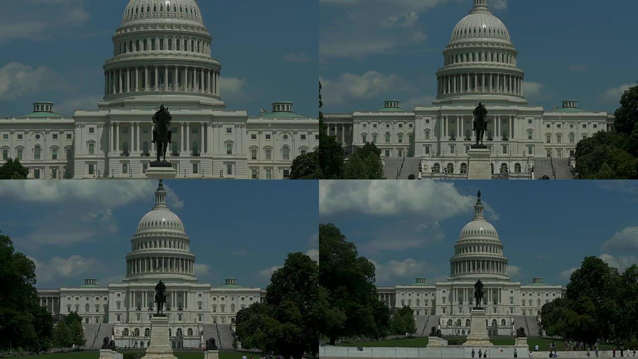 美国国会大厦圆顶和格兰特雕像在华盛顿缩小-4k/UHD