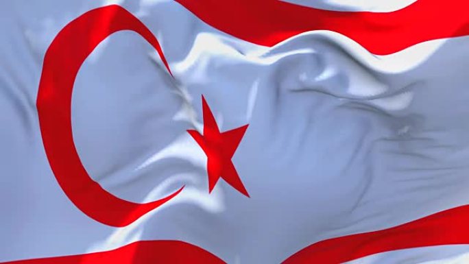 北塞浦路斯土耳其共和国国旗迎风飘扬的慢动作动画。4K逼真的织物纹理旗帜平稳吹在一个刮风的日子连续无缝