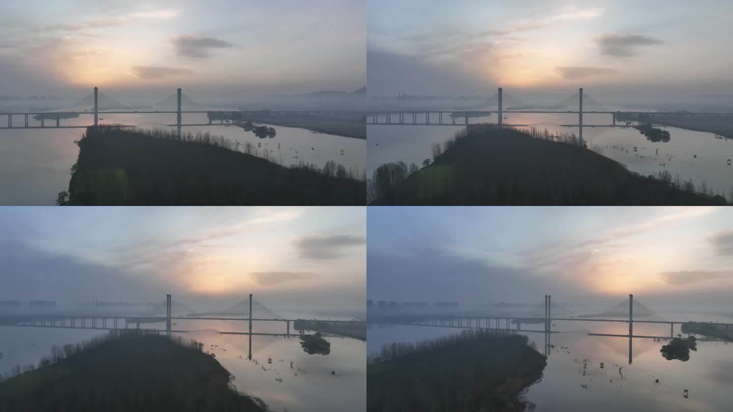 航拍襄阳汉江卧龙大桥清晨日出城市自然风光