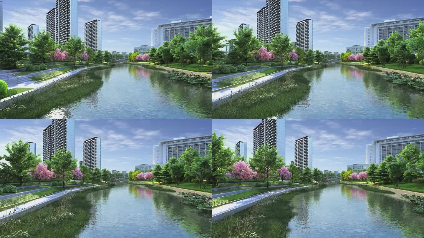 沿江沿河建筑公园绿化动画素材