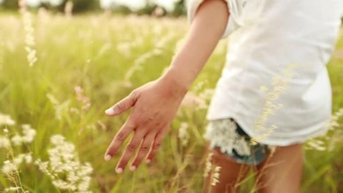 女孩在草地上行走，慢动作