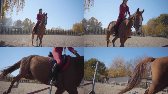 一个穿着粉红色衣服和骑马头盔的年轻高加索女孩的慢动作跳过了棕色优美的马的障碍，并从镜头中骑行。专业女