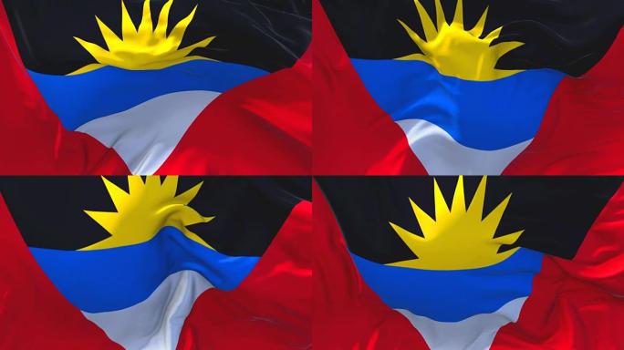 安提瓜和巴布达国旗迎风飘扬的慢动作动画。4K逼真的织物纹理旗帜平稳吹在一个刮风的日子连续无缝循环背景