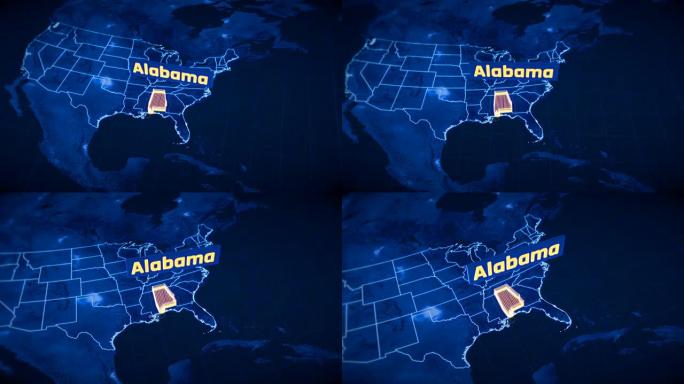 美国阿拉巴马州边界3D可视化，现代地图轮廓，旅行