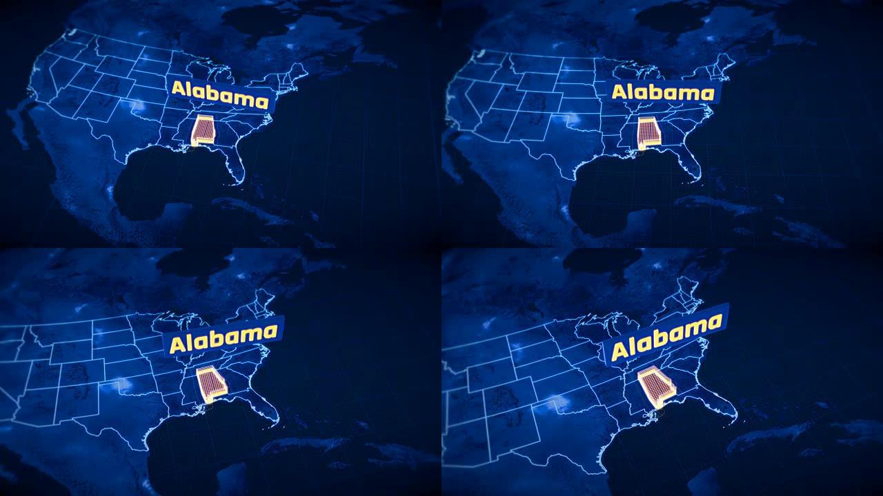 美国阿拉巴马州边界3D可视化，现代地图轮廓，旅行