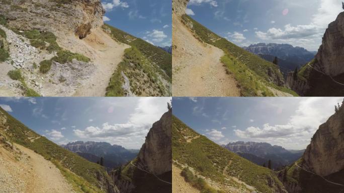 POV男子在山上徒步旅行: 在白云岩上行动