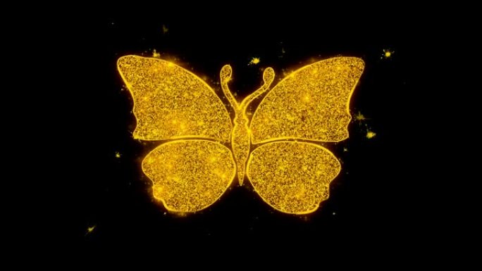 蝴蝶和蜜蜂图标在黑色背景上火花粒子。