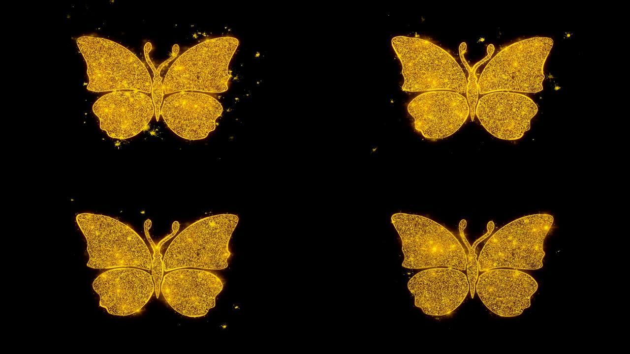 蝴蝶和蜜蜂图标在黑色背景上火花粒子。