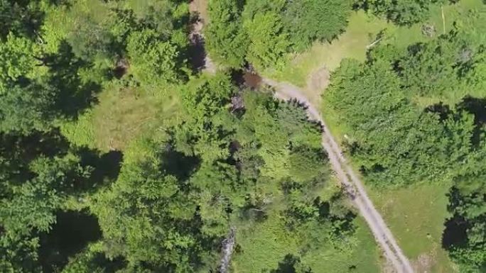 旋转。在夏季晴天，空中无人机可以直接看到乡村道路和波科诺山脉森林中的小河。