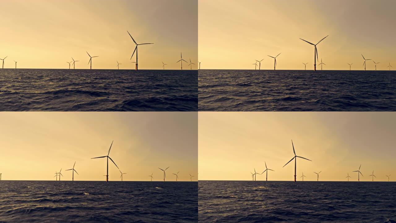 空中风力涡轮机在海上落日旋转