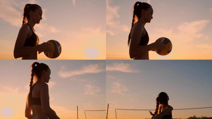 年轻女孩跳在沙滩上排球，慢动作。