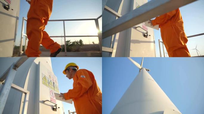 风力涡轮机农场的工程师工作检查，慢动作。