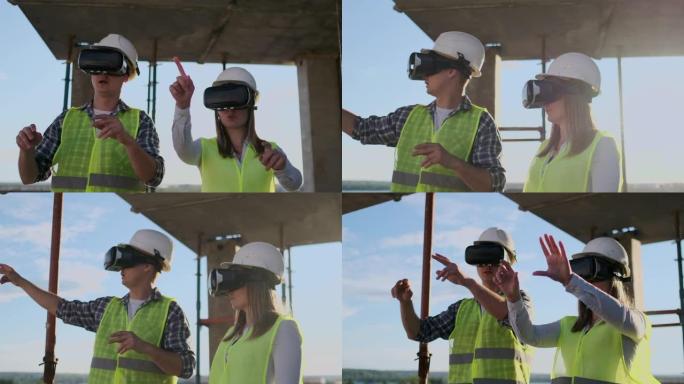 携带VR耳机的工厂的主要工程师将建筑物设计在建筑工地上。虚拟混合现实应用程序。