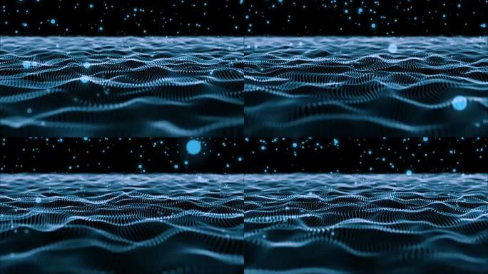 弹跳粒子和波浪图案抽象背景，蓝色