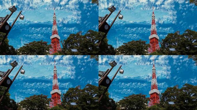 塔对着天空的2.5D动画低角度视图