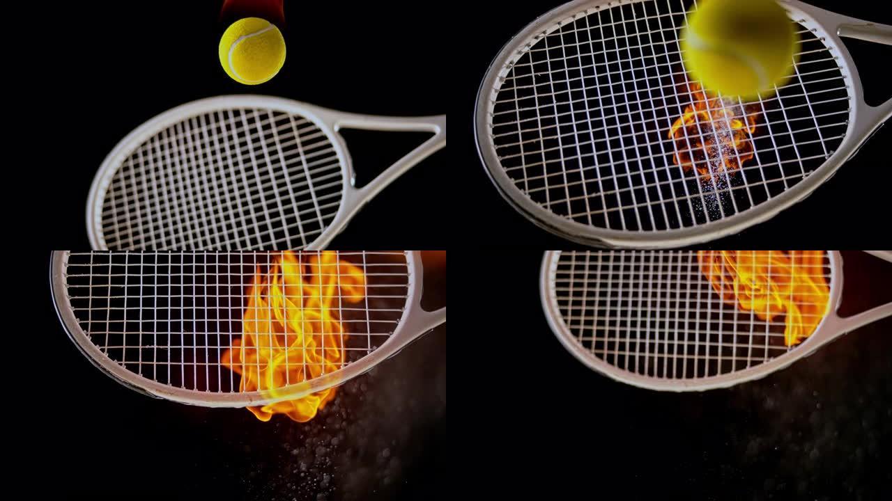 SLO MO LD网球拍击中网球着火