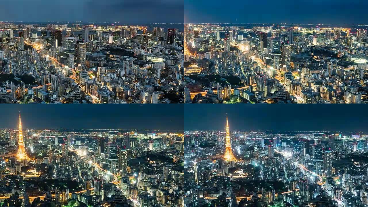 4k时间流逝: 日本东京市夜间的东京铁塔，道路上的汽车往来。高角度视图