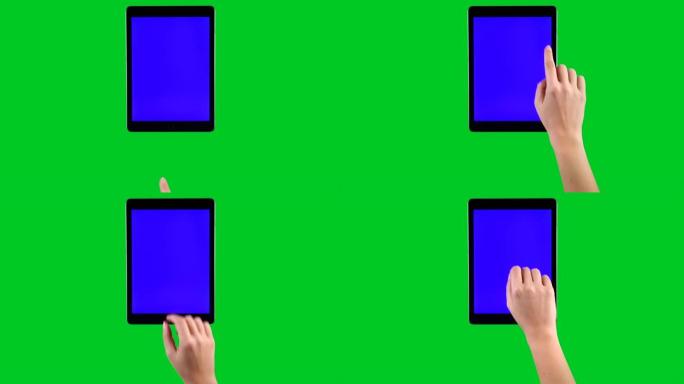 4k手使用平板电脑在绿色屏幕上显示色度键