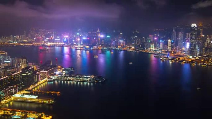 时间流逝: 香港灯光交响乐表演的鸟瞰图