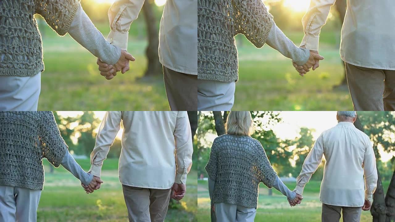 老两口牵着手在公园散步，浪漫的约会，爱情和信任
