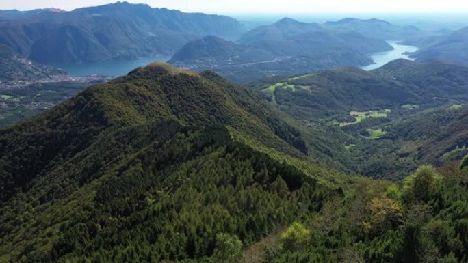 山脊和湖泊的空中无人机视图