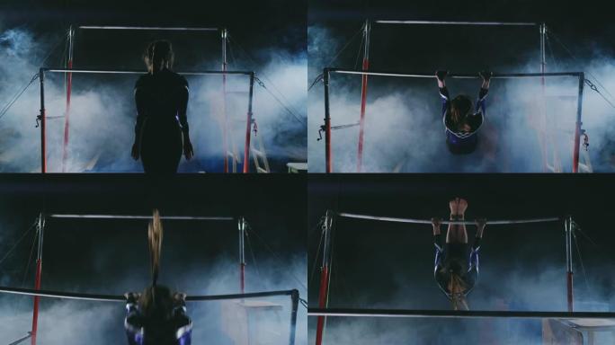 体操比赛。一名妇女走到横杆上，在背光的黑暗背景下以慢动作进行dips触发器。慢动作