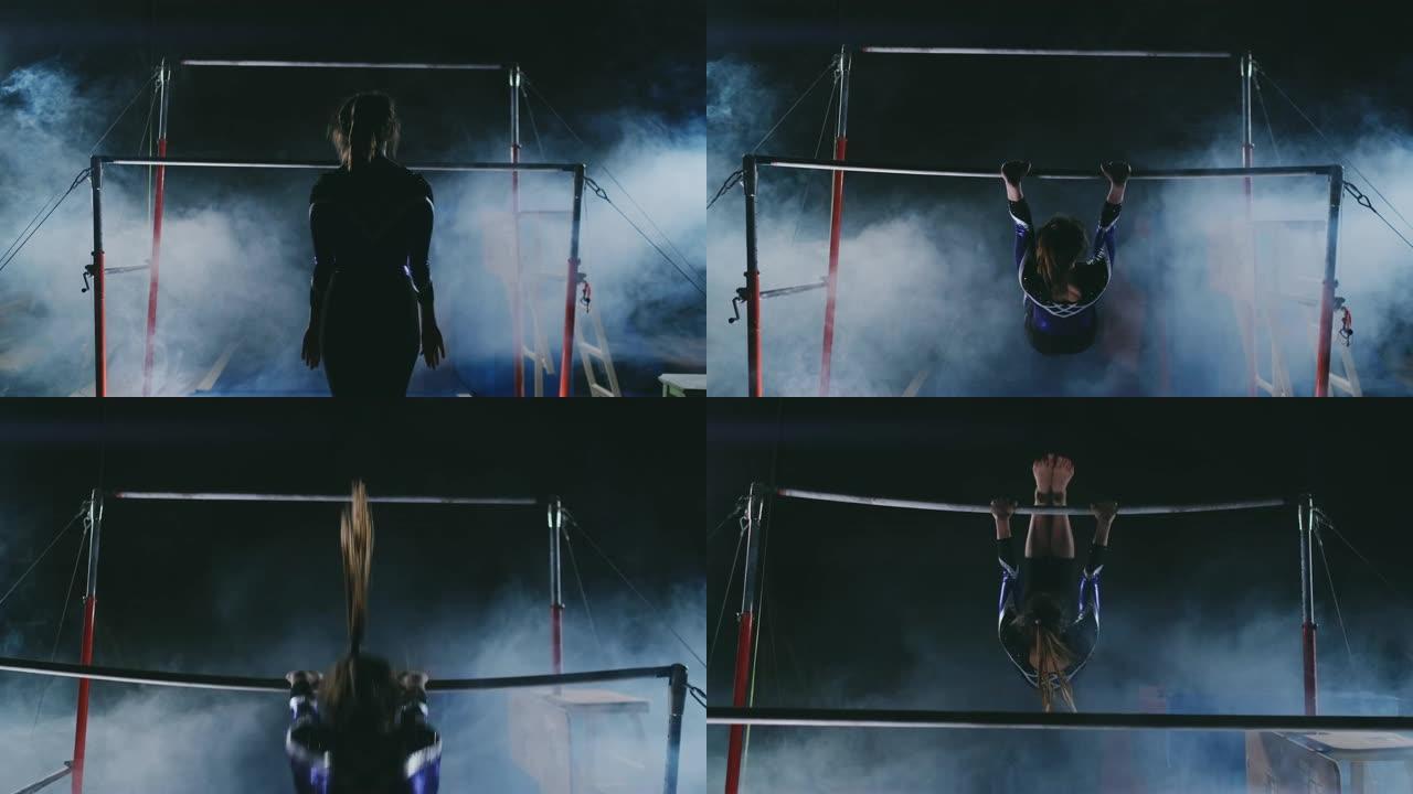 体操比赛。一名妇女走到横杆上，在背光的黑暗背景下以慢动作进行dips触发器。慢动作