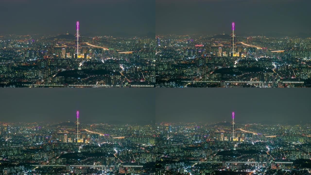 从南汉山城要塞出发，日夜在首尔的城市景观上延时。在韩国首尔市，摩天大楼的最佳景观以汉江为背景