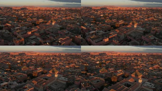 日落时对摩洛哥城市的无人机拍摄
