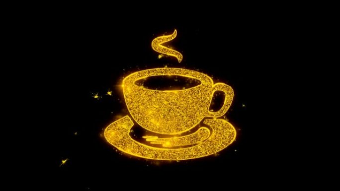 杯茶图标在黑色背景上火花颗粒。