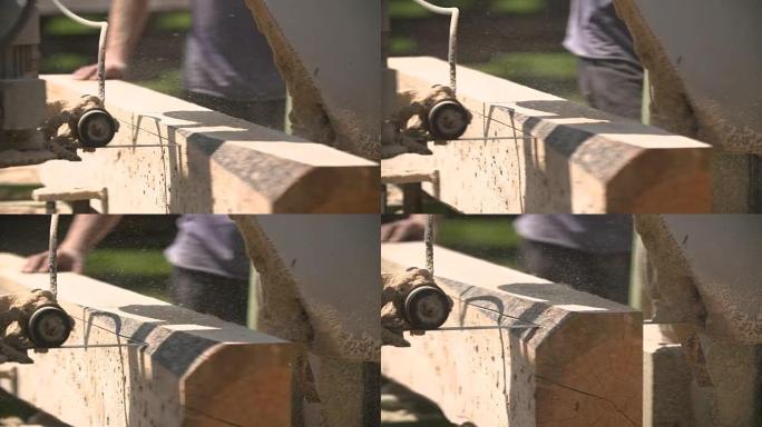锯木机将树枝切成木梁