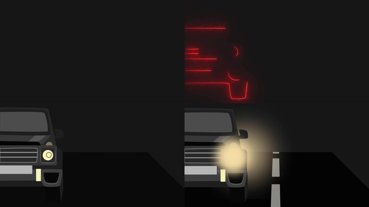 霓虹灯红灯形成大车造型的2D动画。一半的整车在夜间打开大灯并在道路上行驶。交通、汽车工业、旅游。