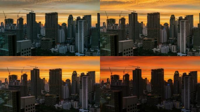 泰国曼谷市中心素坤逸路商业中心的曼谷天际线和带日落天空的摩天大楼日夜鸟瞰图。