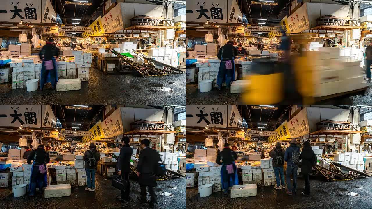 延时: 行人在日本东京筑地鱼市场拥挤