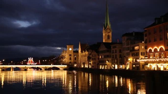 瑞士苏黎世的夜晚唯美水上空境